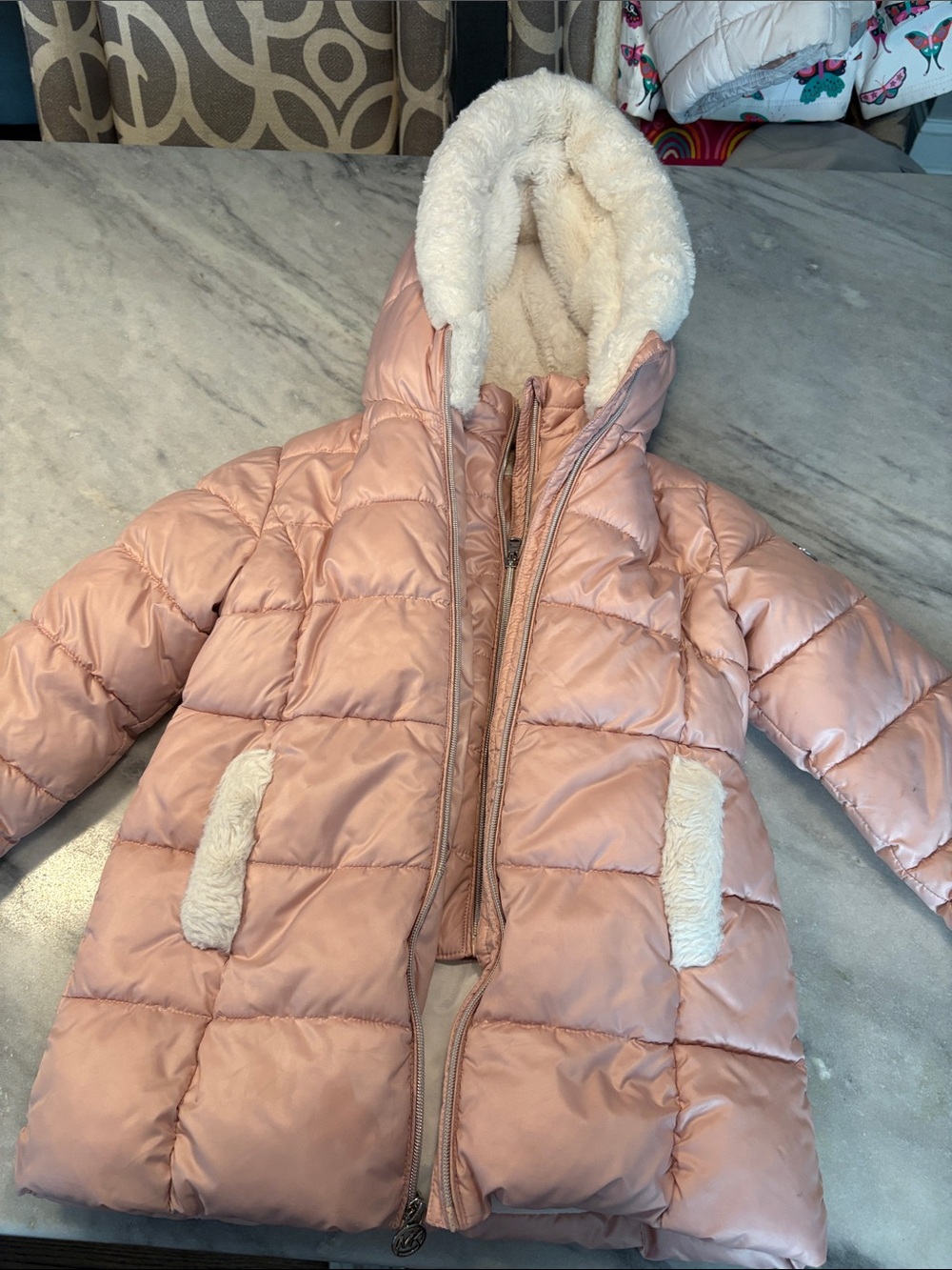 Michael Kors Kids Pink Puffer Coat with Faux Fur Hood